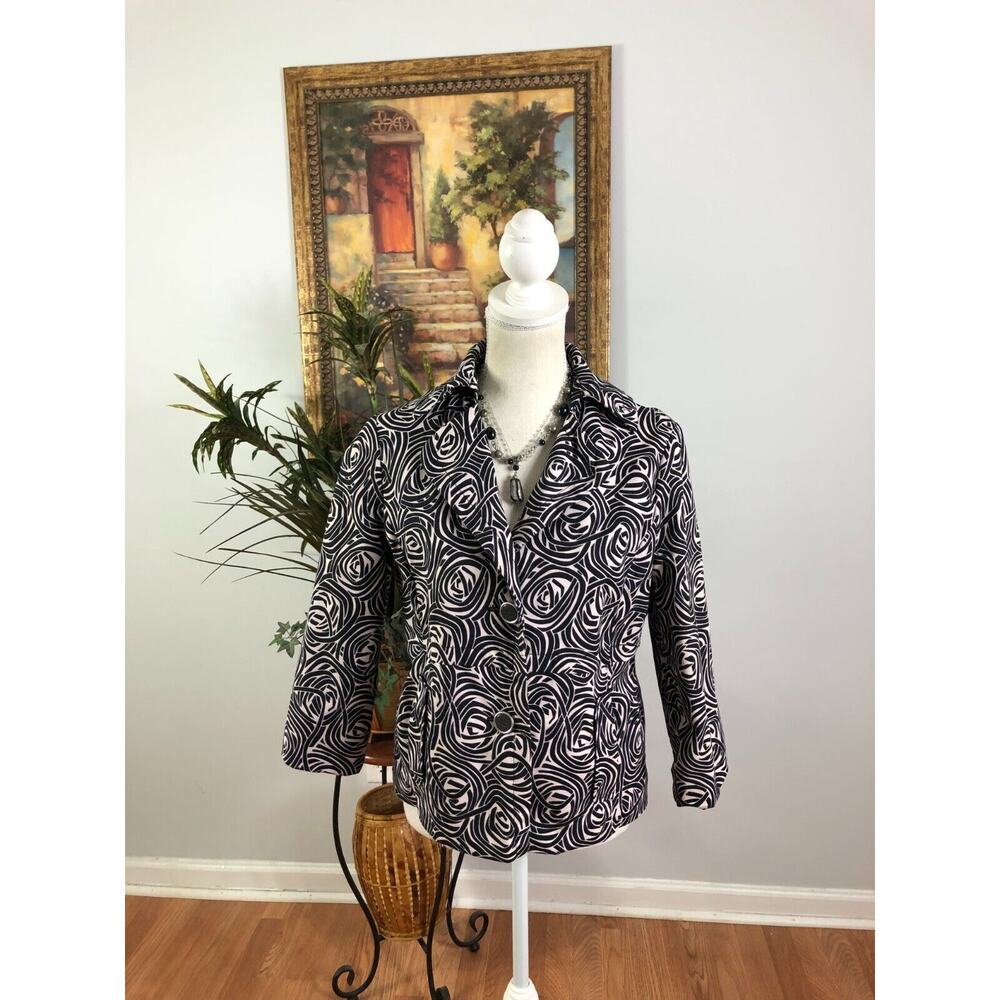 Rafaella Suit Women's Small Black White Swirls Lined 3/4 Sleeve Two Buttons